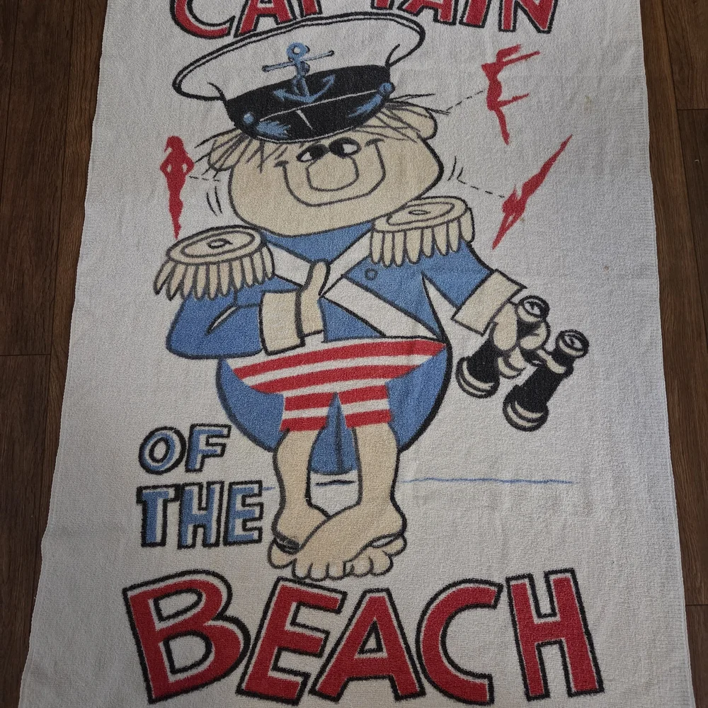 RARE Vintage 70s Captain of the Beach Nautical Sailor Terry Cloth Beach Towel